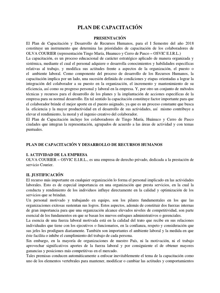 Plan de Capacitación OLVA COURIER 2018 | PDF | Gestión de recursos ...