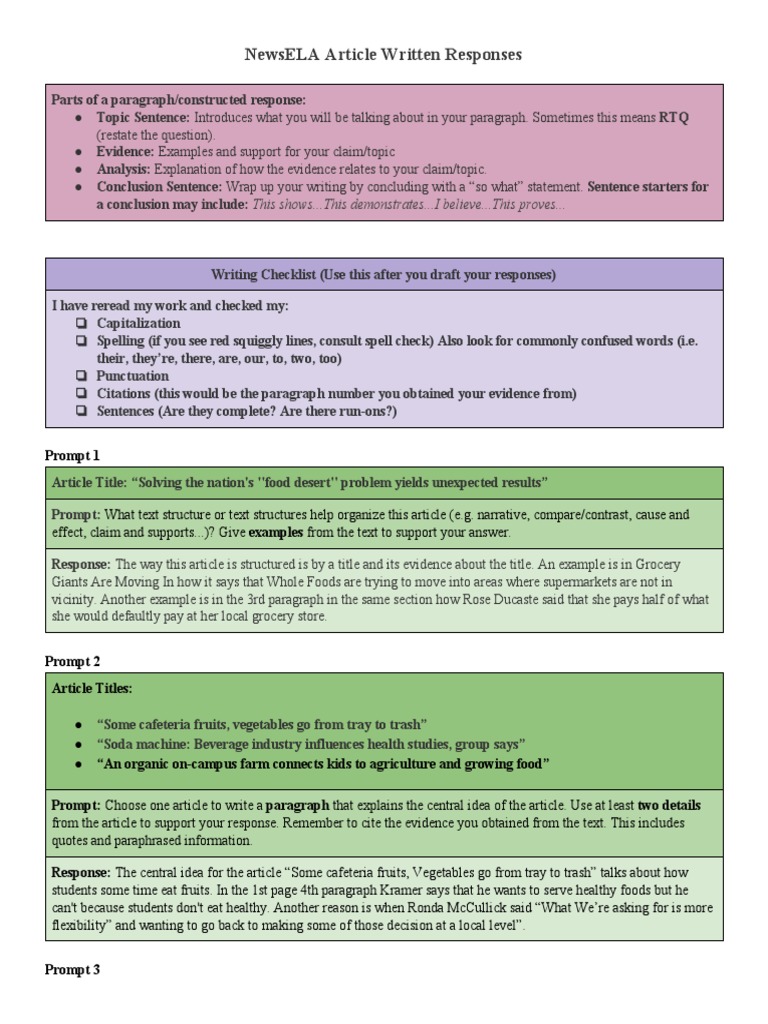 Newsela Writing Prompts  Paragraph  Foods