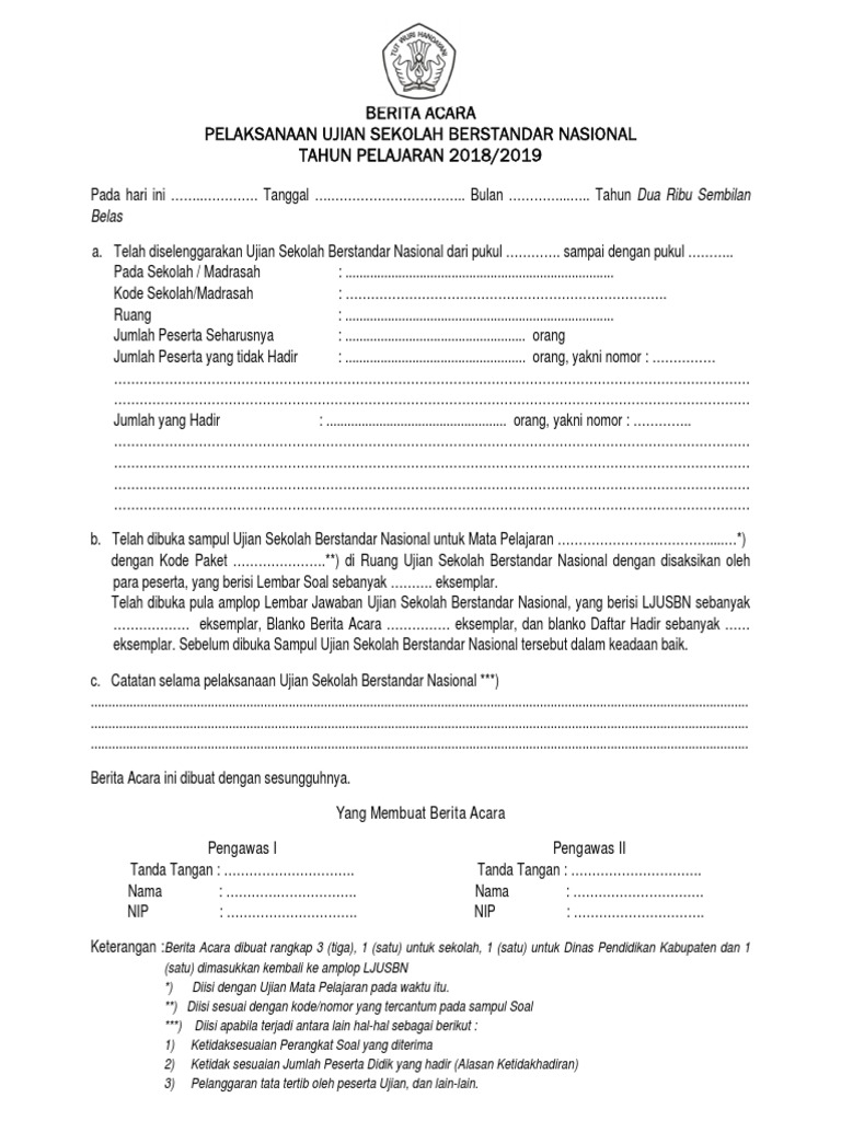 Contoh Berita Acara Pelaksanaan Ujian Nasional
