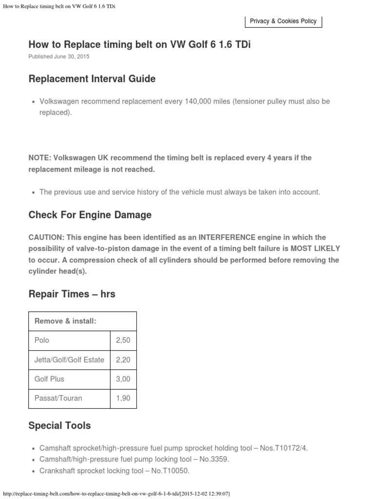 How To Replace Timing Belt On VW Golf 6 1.6 TDi PDF Volkswagen Belt (Mechanical)