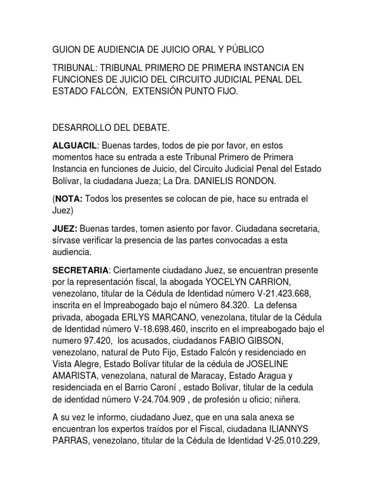 Guion de Audiencia de Juicio Oral en Venezuela | PDF | Venezuela ...