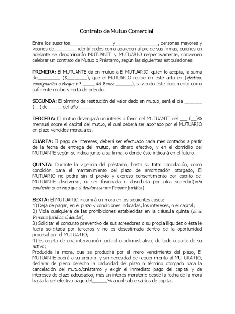 Contrato de Mutuo Comercial consignación o cheque n