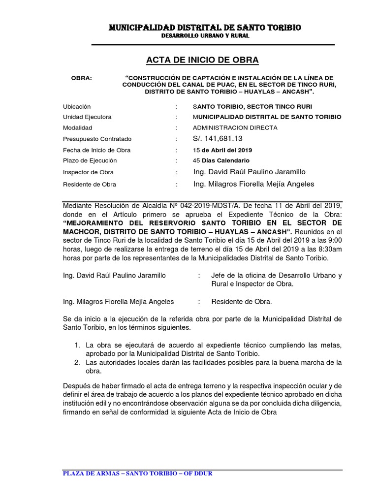 Acta de Inicio de Obra - Puac | PDF | Gobierno