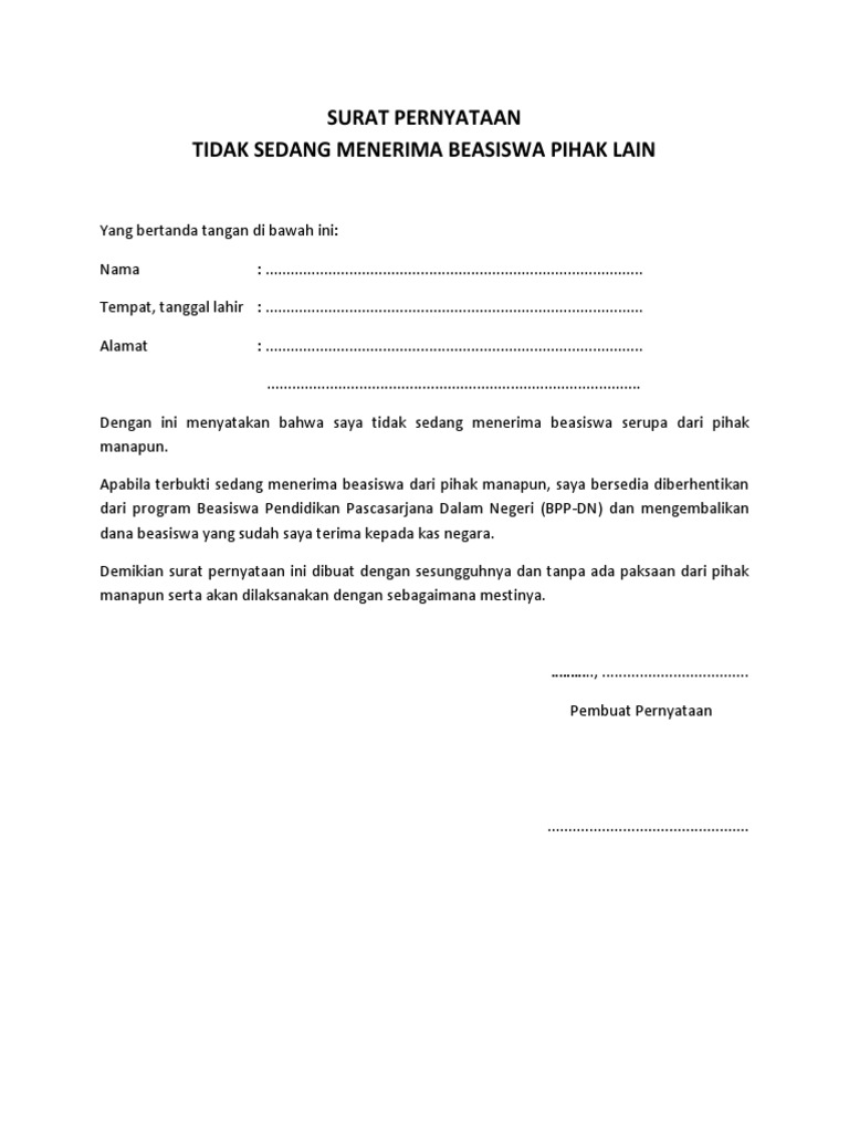 Surat Pernyataan Tidak Menerima Beasiswa Pdf