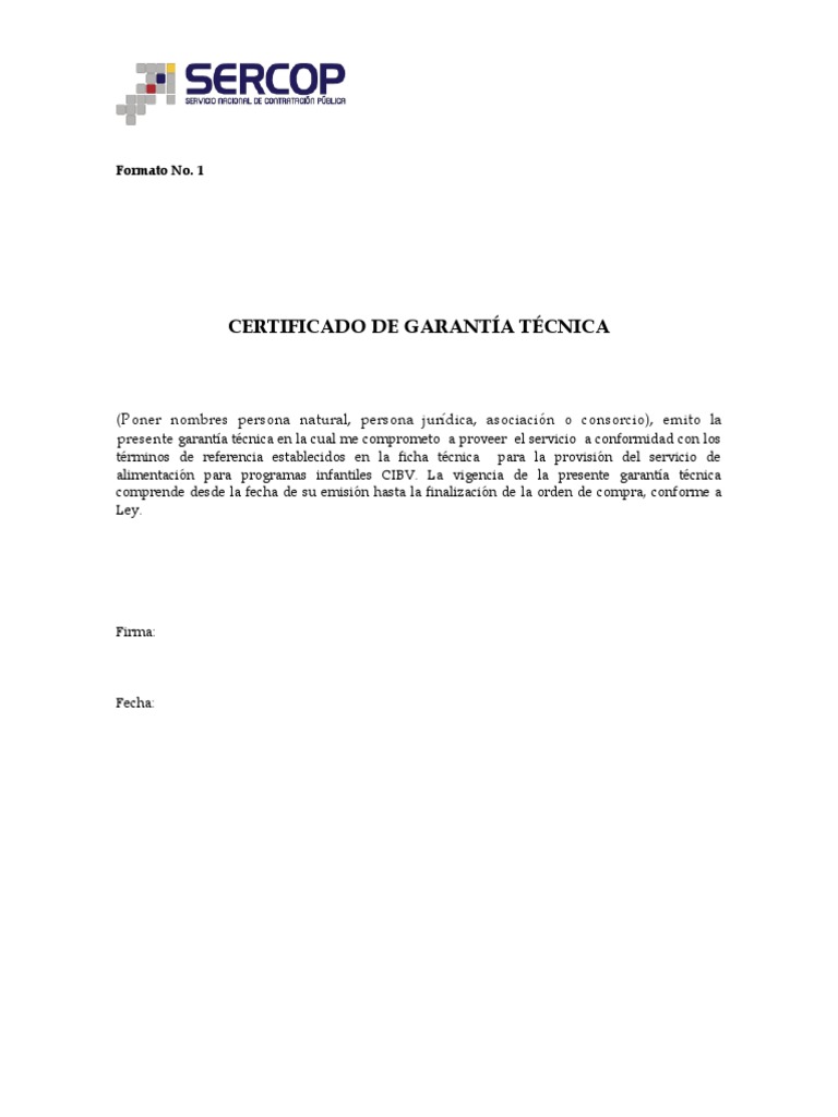 Formato 1 Certificado de Garantía Técnica Cibv