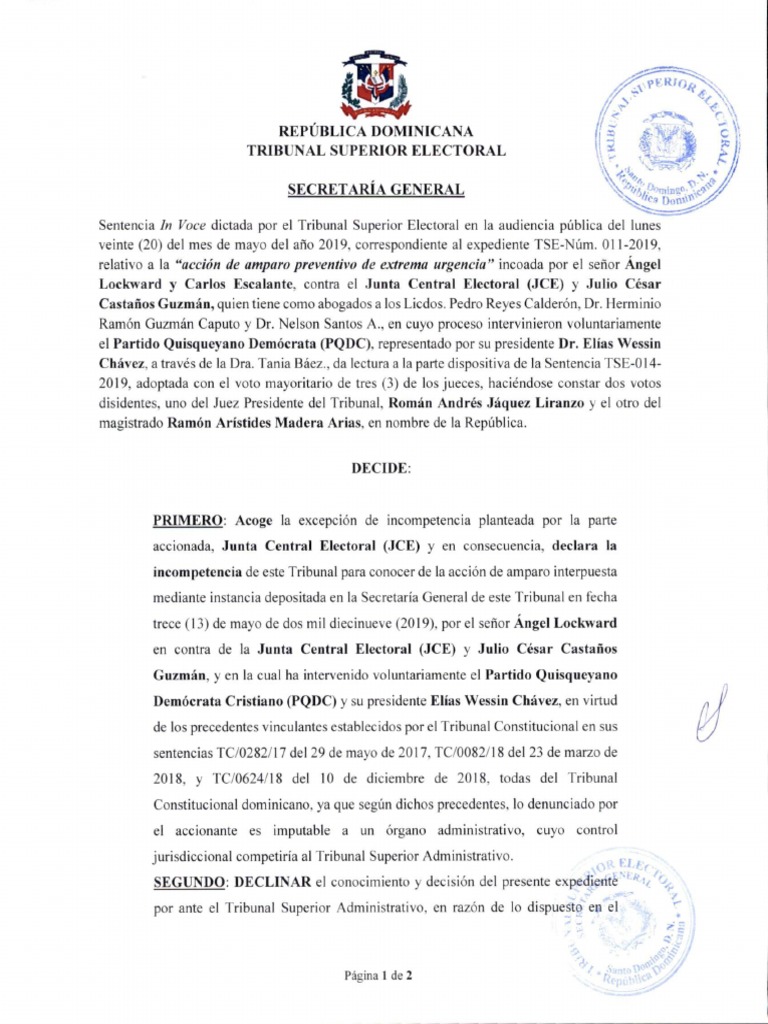 Sentencia TSE sobre incompetencia JCE | PDF | República Dominicana ...