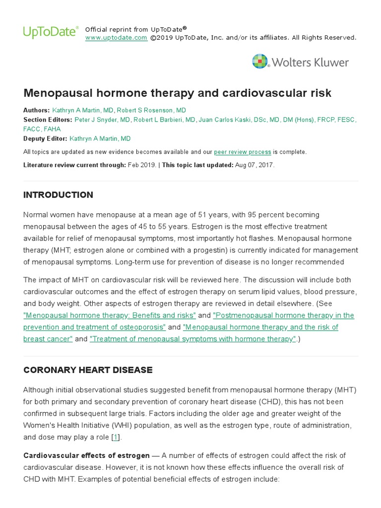 Menopausal Hormone Therapy and Cardiovascular Risk PDF Hormone
