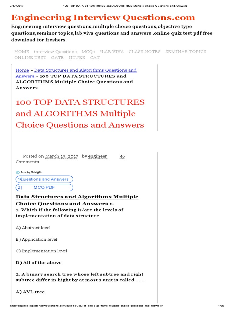 100 Top Data Structures and ALGORITHMS Multiple Choice Questions and ...