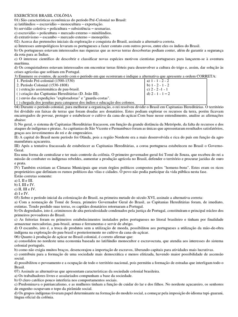 Exercícios Brasil Colônia | PDF | Brasil