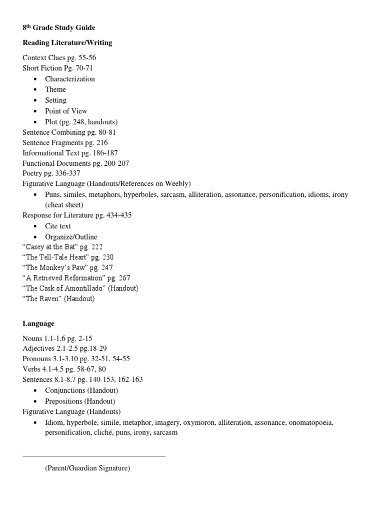8th Grade English Study Guide | PDF