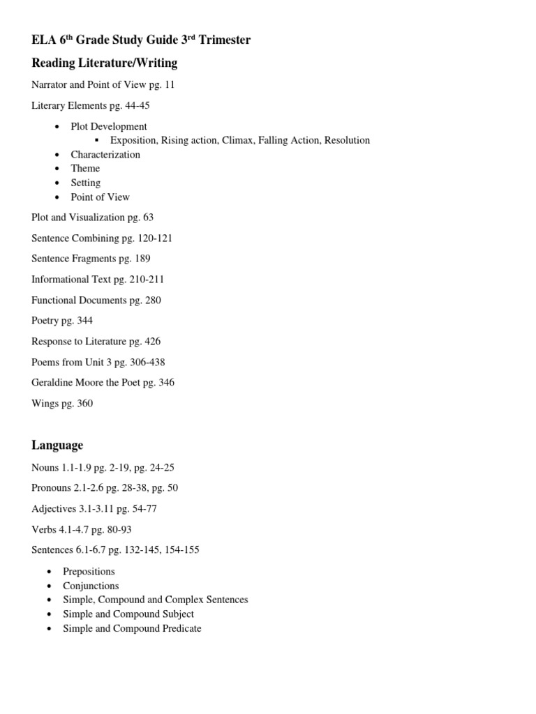 6th Grade ELA Study Guide: 3rd Trimester | PDF | Sentence (Linguistics ...
