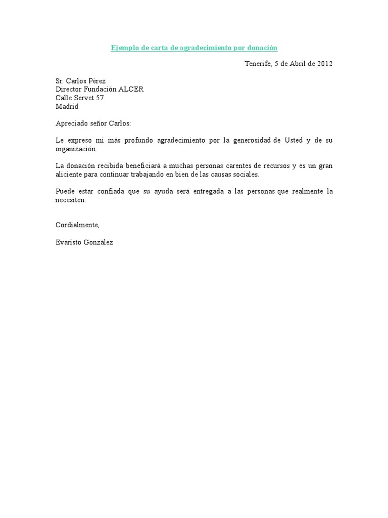 Ejemplo de carta de agradecimiento por donación | PDF | Salud y bienestar