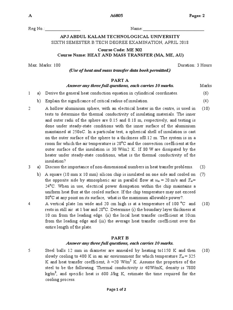 Heat and Mass Transfer Exam Paper | PDF | Heat Transfer | Thermal ...
