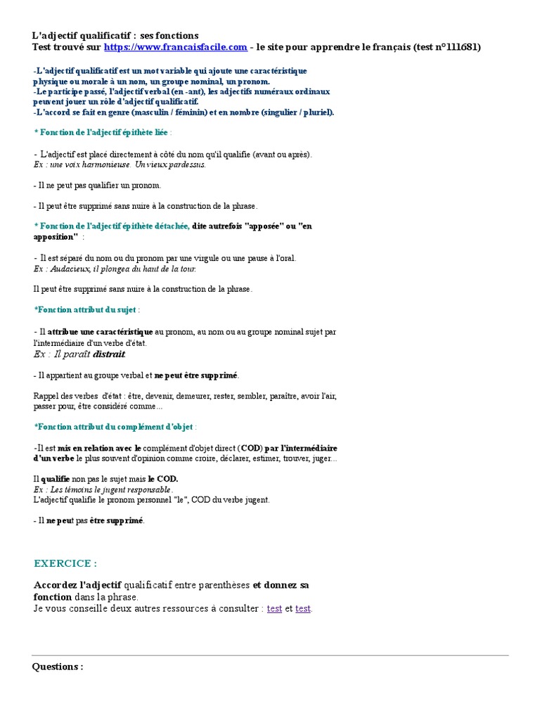 Adjectif épithète Exercices à Imprimer L'Adjectif Qualificatif - Ses Fonctions | PDF | Adjectif | Sujet (Grammaire)