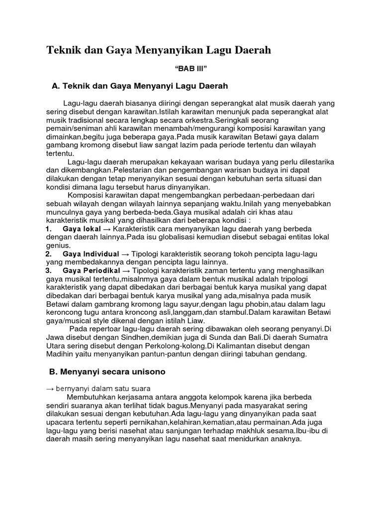 Teknik Dan Gaya Menyanyikan Lagu Daerah