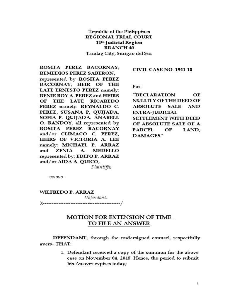 Motion for Extension to File Answer | PDF | Virtue | Social Institutions