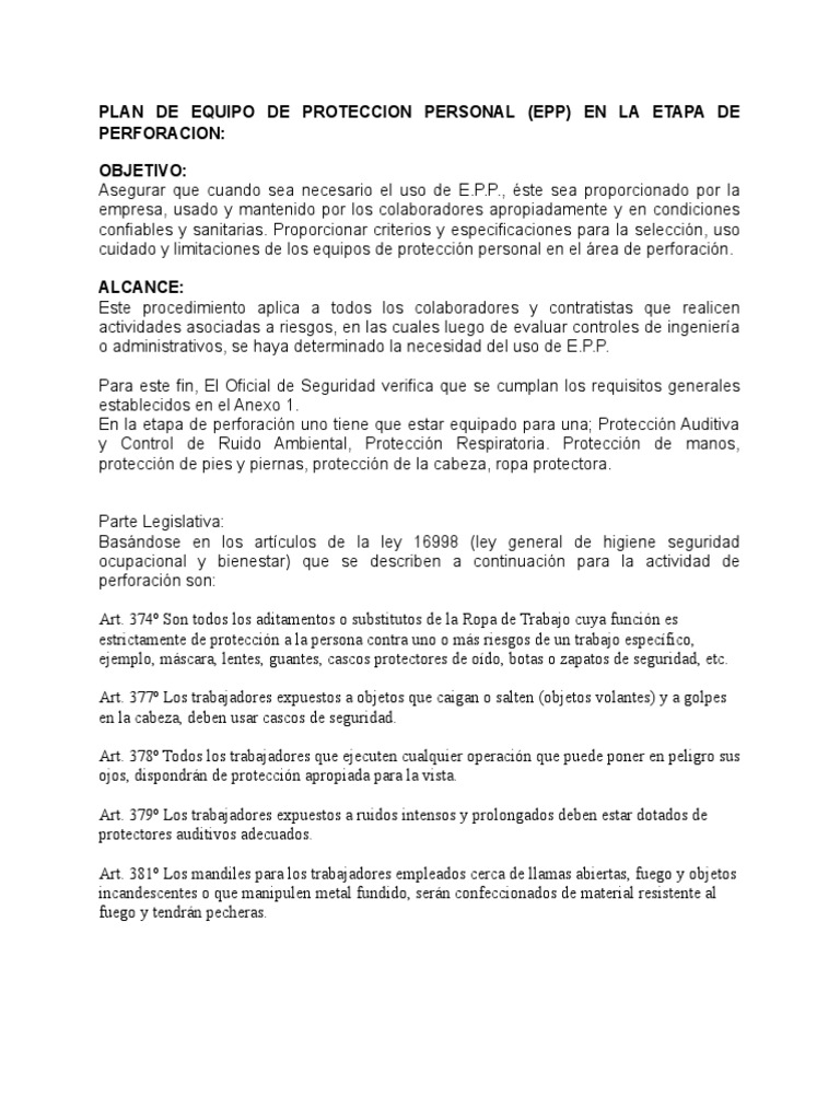 Plan de EPP para Perforación | PDF | Guante | Soldadura