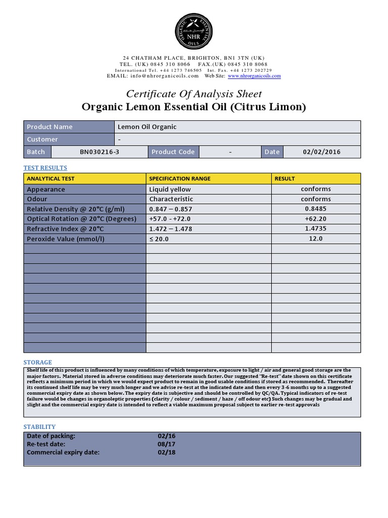 COA Lemon | PDF | Shelf Life | Optics