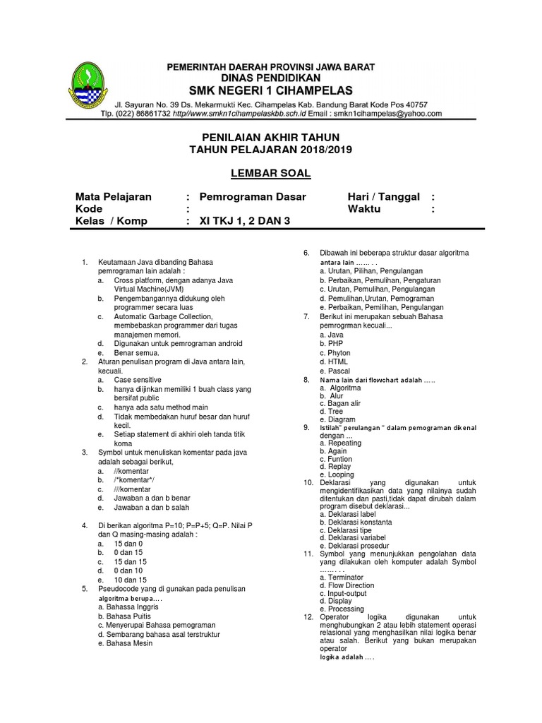 Soal Ujian Pemrograman Dasar Kelas XI | PDF | Komputer