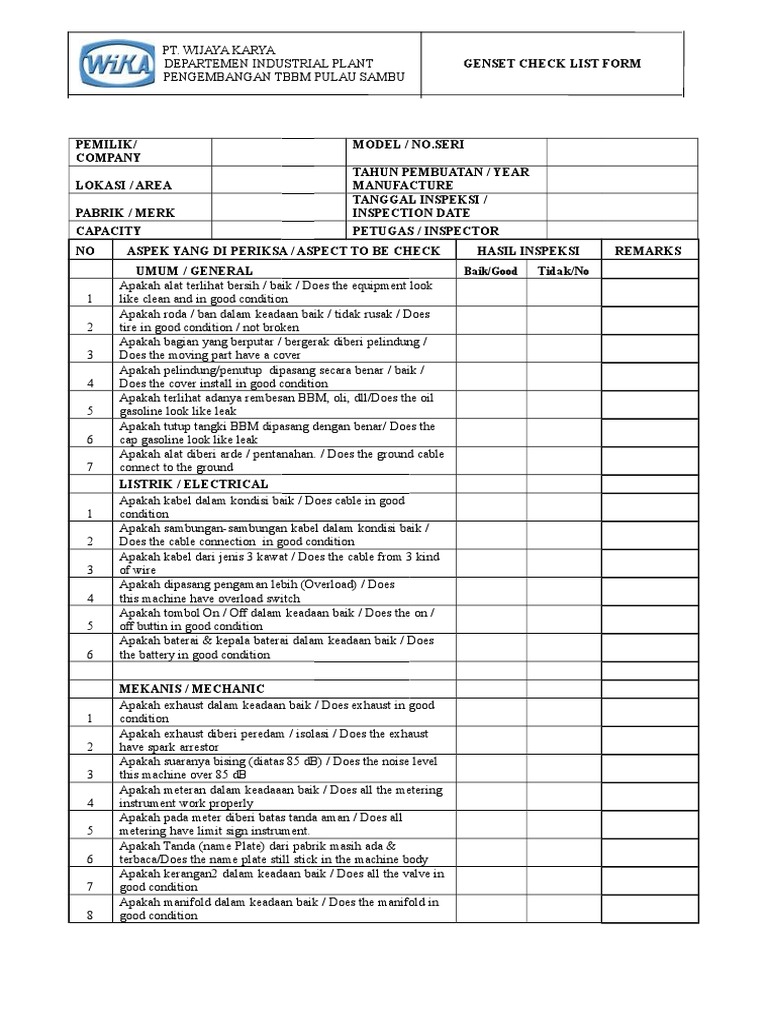 Formulir Checklist Pemeliharaan Genset | PDF