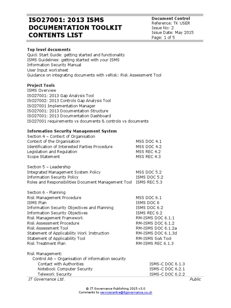 ISO27001: 2013 ISMS Documentation Toolkit Contents List: Document ...