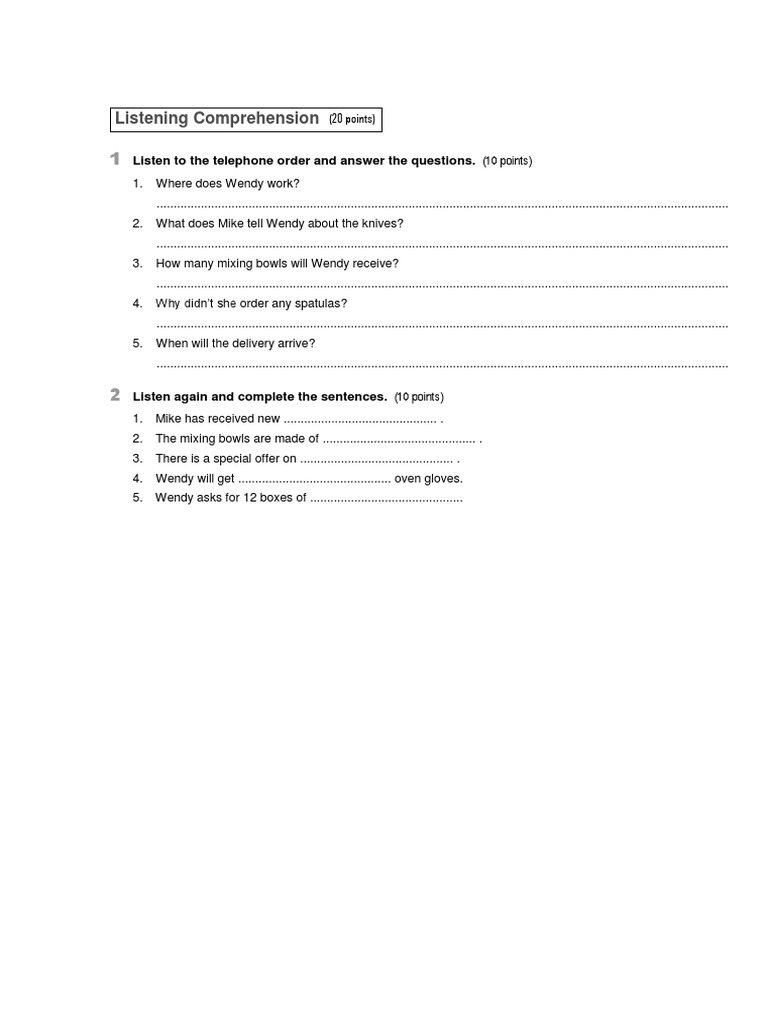 Listening Comprehension: Listen To The Telephone Order and Answer The ...
