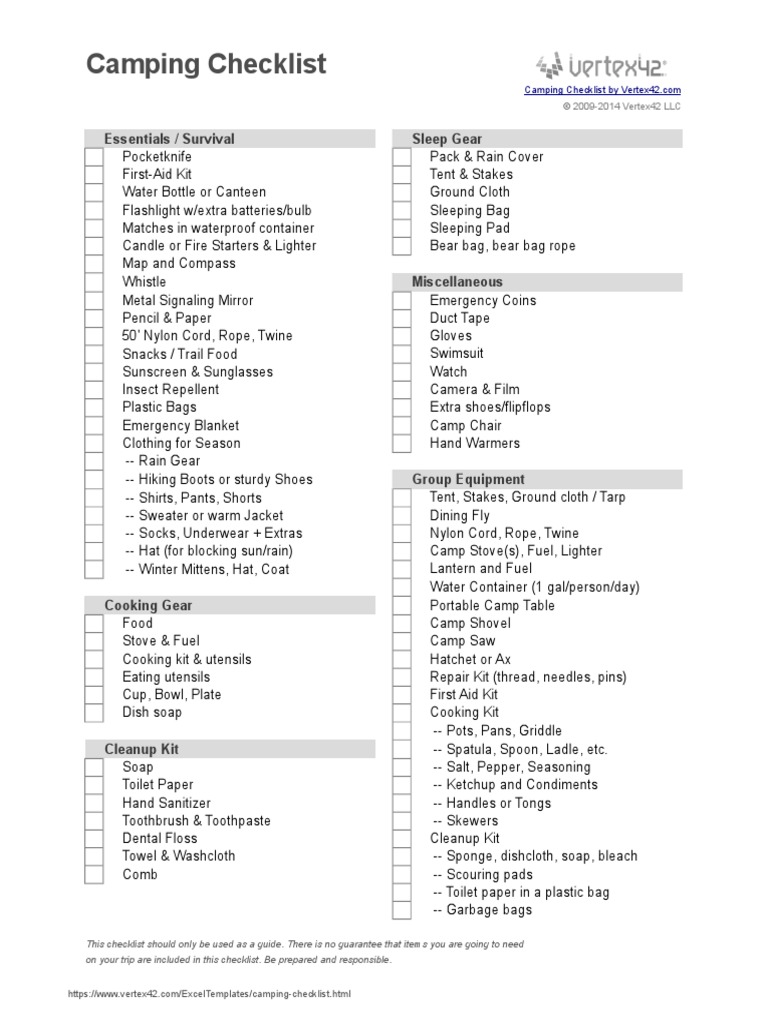 Camping Checklist Essentials / Survival Sleep Gear PDF Camping