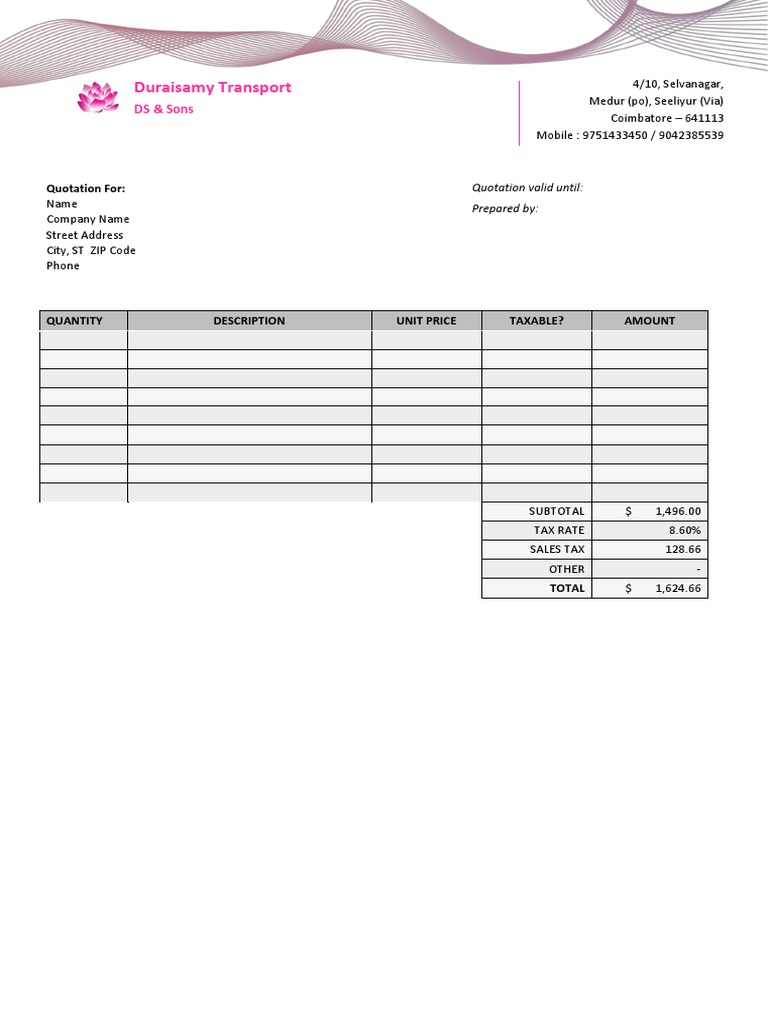 Transport Quotation from Duraisamy | PDF