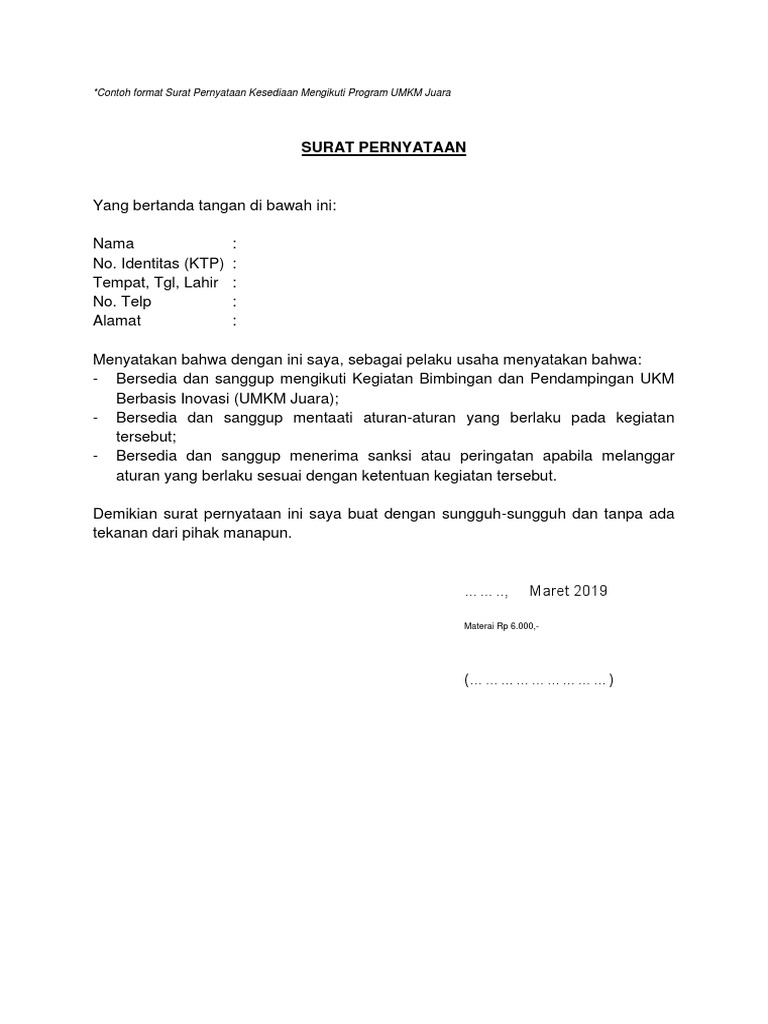 Contoh Format Surat Pernyataan Kesediaan Mengikuti Program Umkm Juara