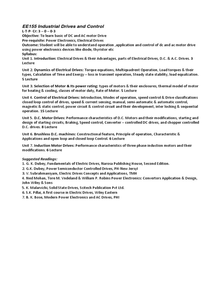 EE155 Industrial Drives and Control Suggested Readings PDF