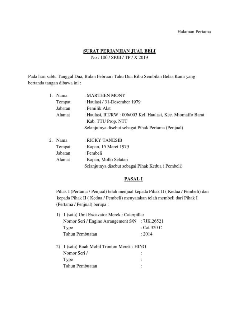 Surat Perjanjian Jual Beli Alat