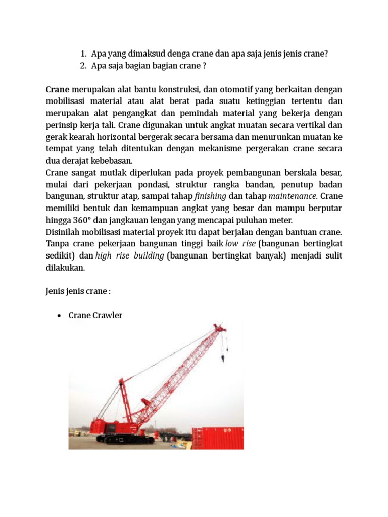 Jenis dan Fungsi Crane dalam Konstruksi | PDF | Teknologi & Rekayasa