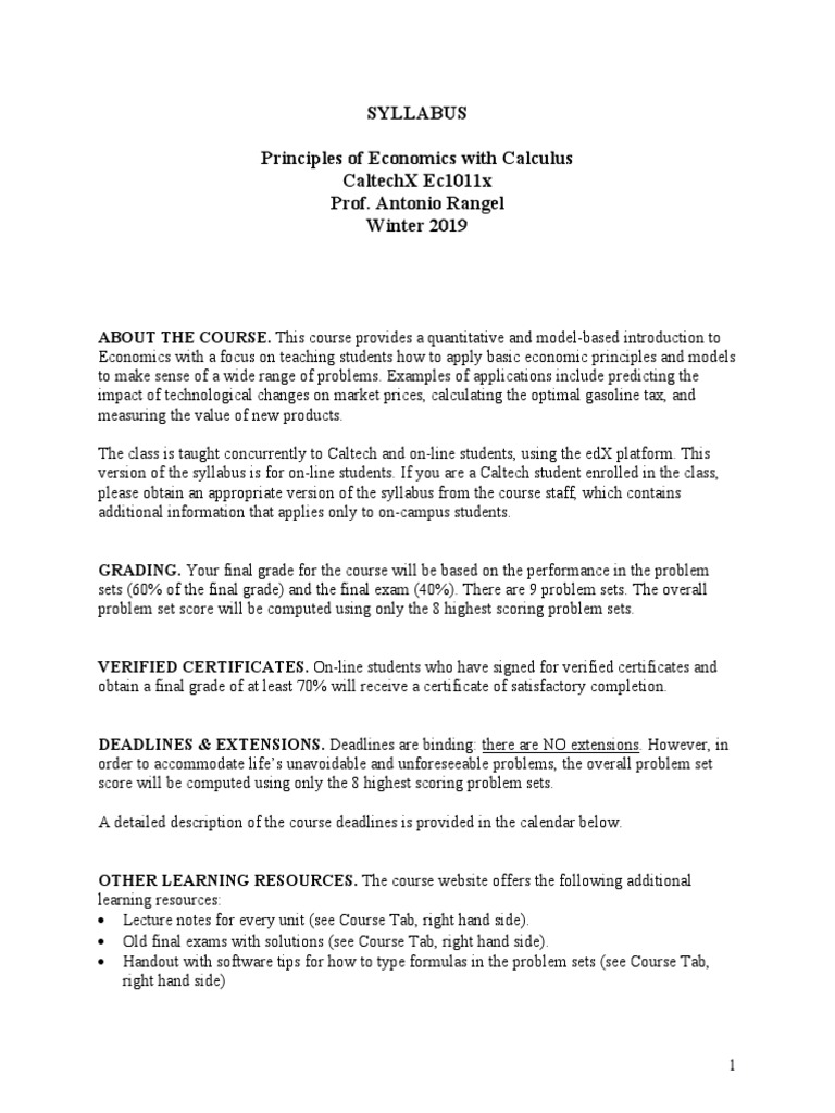 Caltech Principles of Economics Syllabus | PDF | Economics | Textbook
