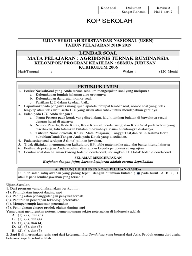 Format Soal Susulan Agribisnis Ternak Ruminansia | PDF