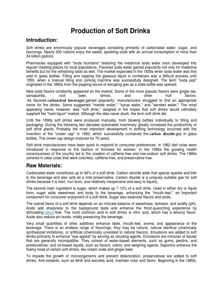Production of Soft Drinks PDF Carbonated Water Soft Drink