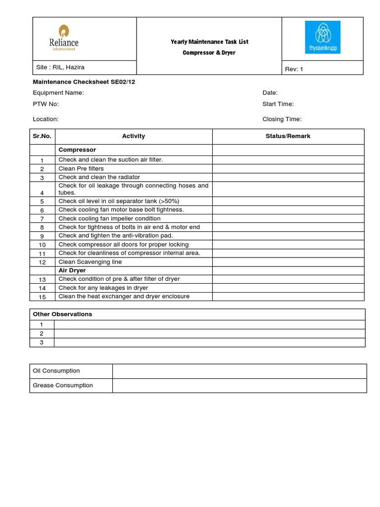 Maintenance Checksheet SE02/12: Yearly Maintenance Task List Compressor ...
