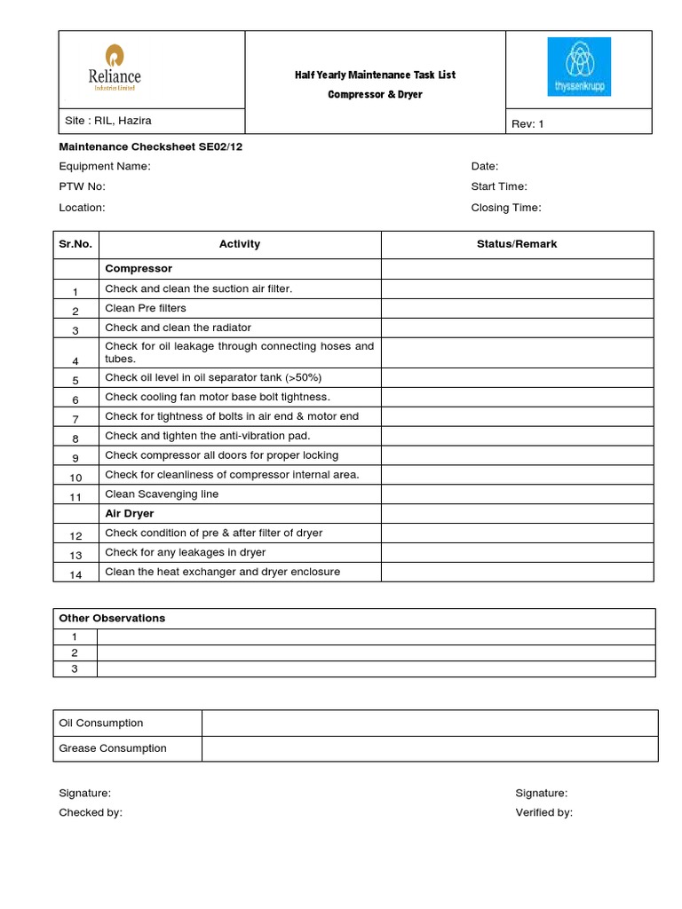 Half-Yearly Compressor & Dryer Checklist | PDF