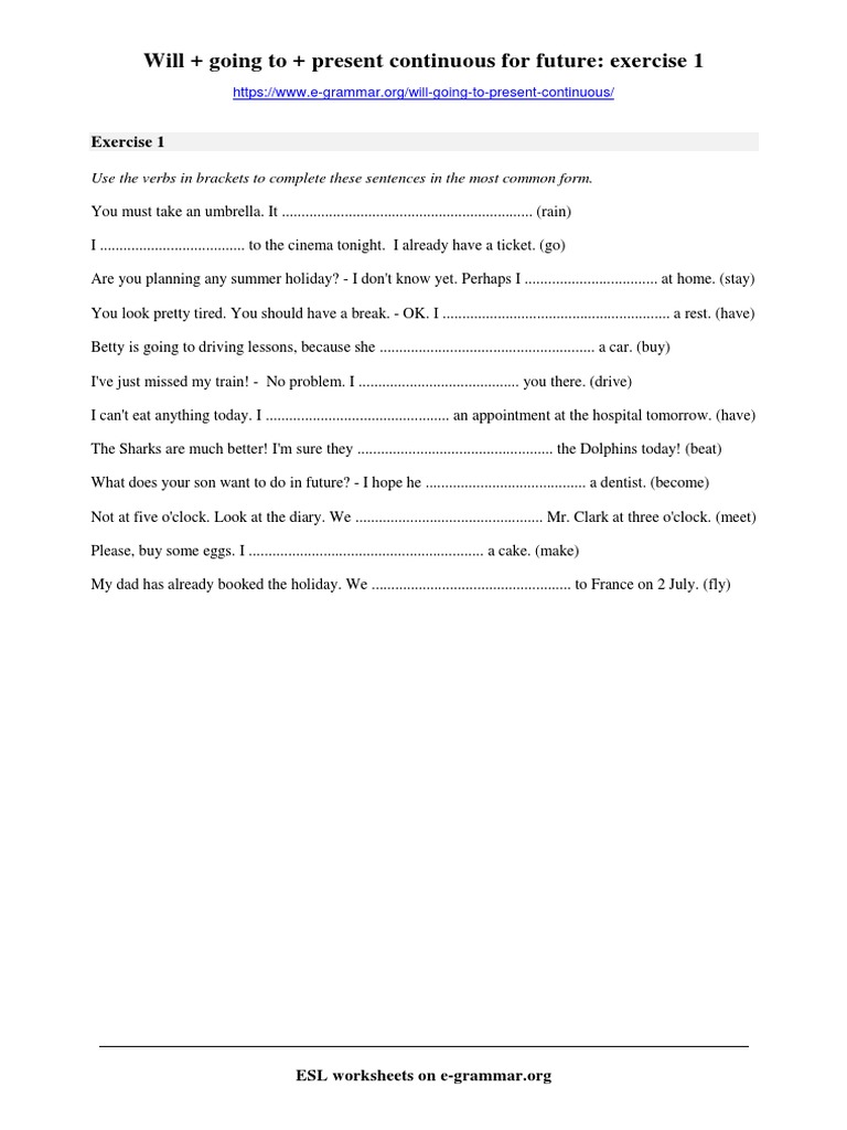 Will Going To Present Continuous Exercise 1 Pdf