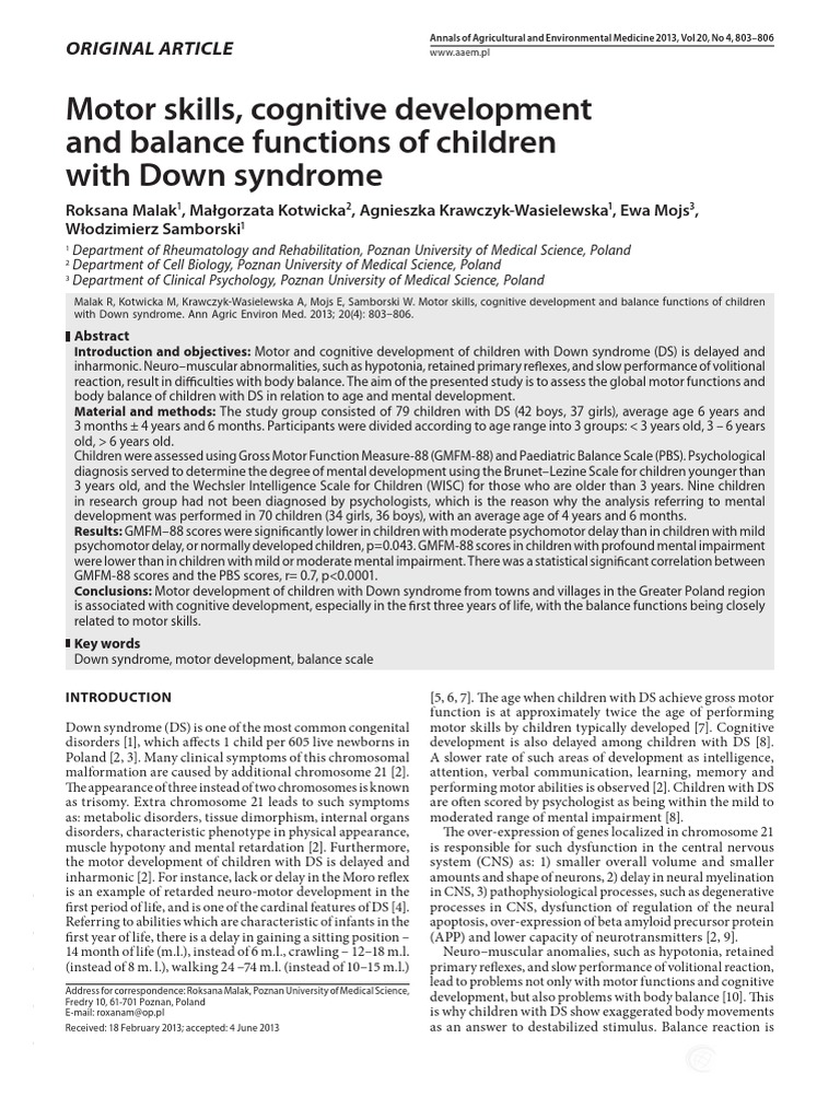 Motor Skills and Balance in Down Syndrome | PDF | Child Development ...