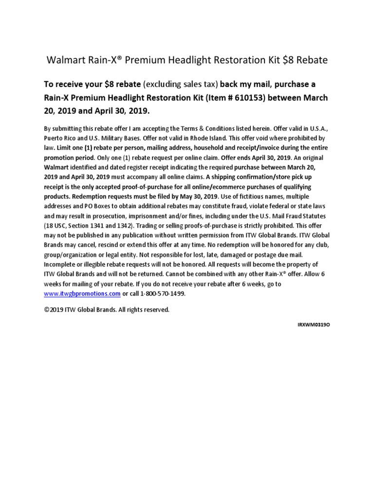 Walmart RainX® Premium Headlight Restoration Kit 8 Rebate PDF