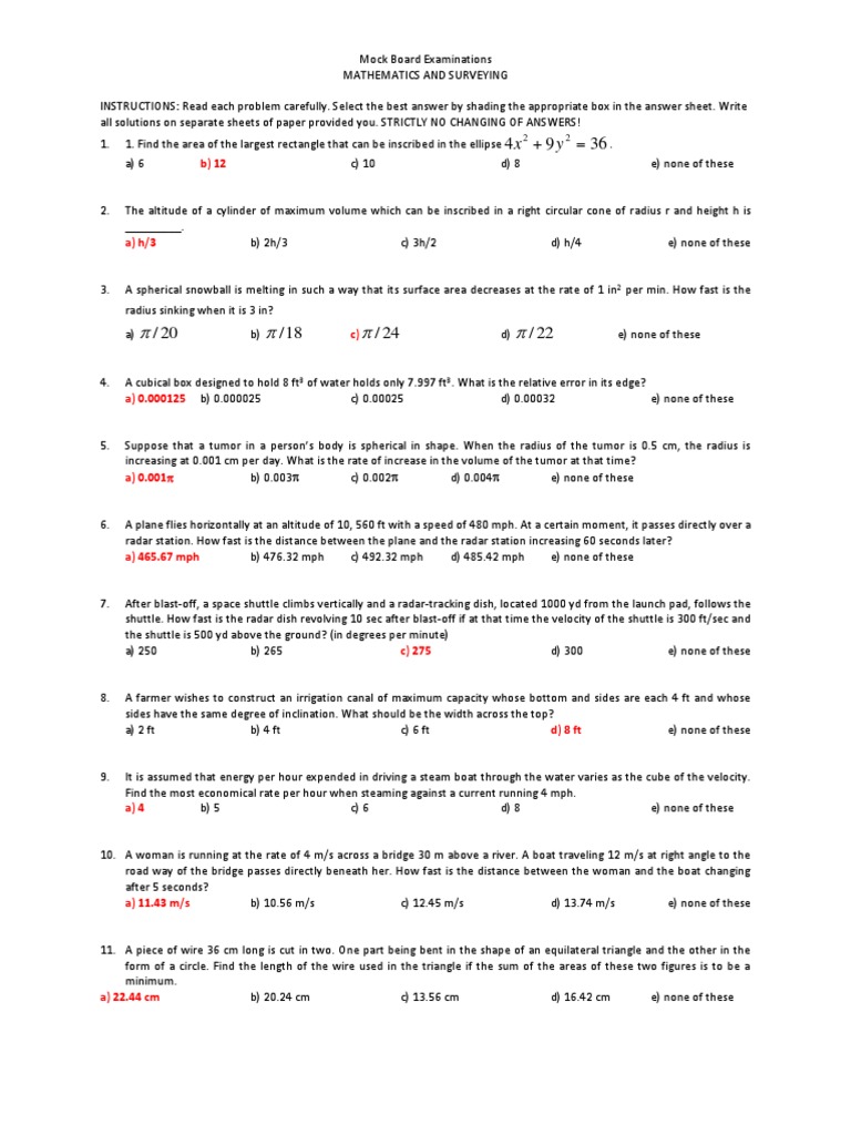 Mock Math and Surveying Exam Questions | PDF | Area | Volume