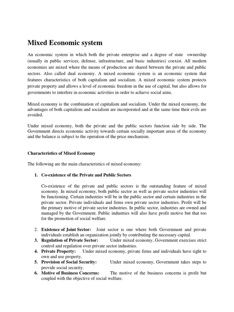 Mixed Economic System Characteristics of Mixed Economy PDF
