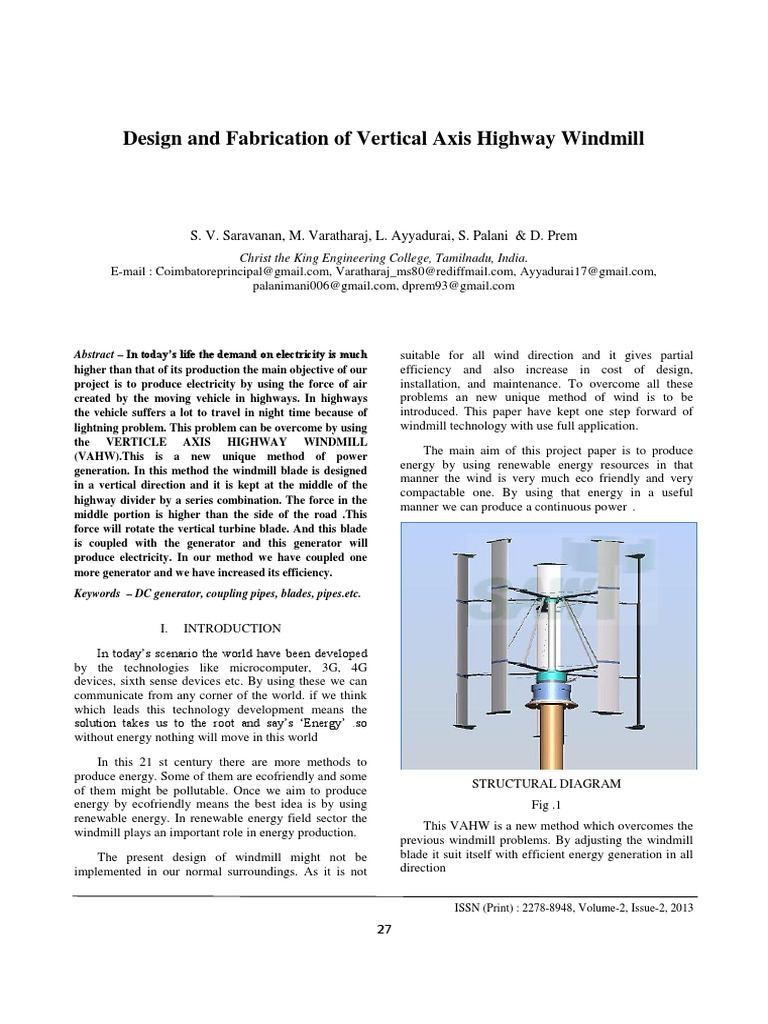Design and Fabrication of Vertical Axis Highway Windmill | PDF | Wind ...