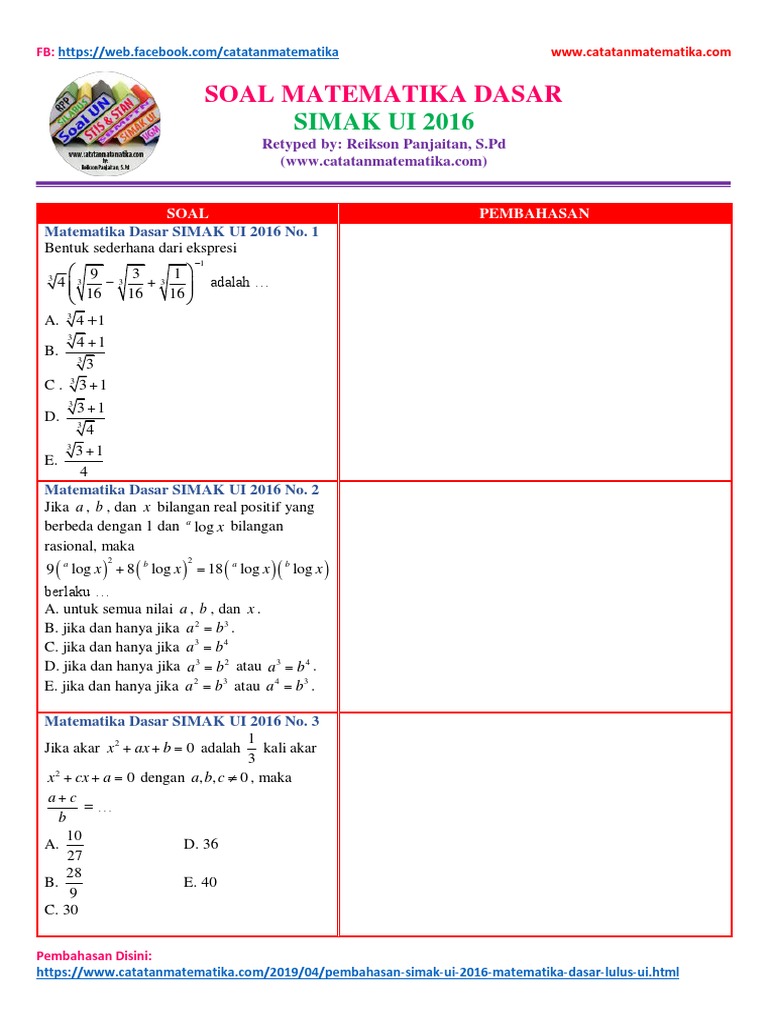 Soal Matematika Dasar Simak Ui 2016