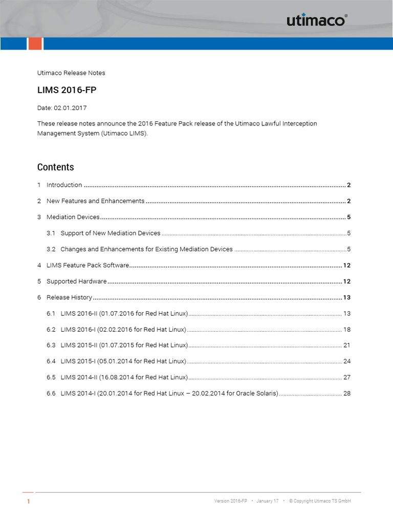 Lims Releasenotes 2016.Fp 1 | PDF | Ip Multimedia Subsystem | Radius