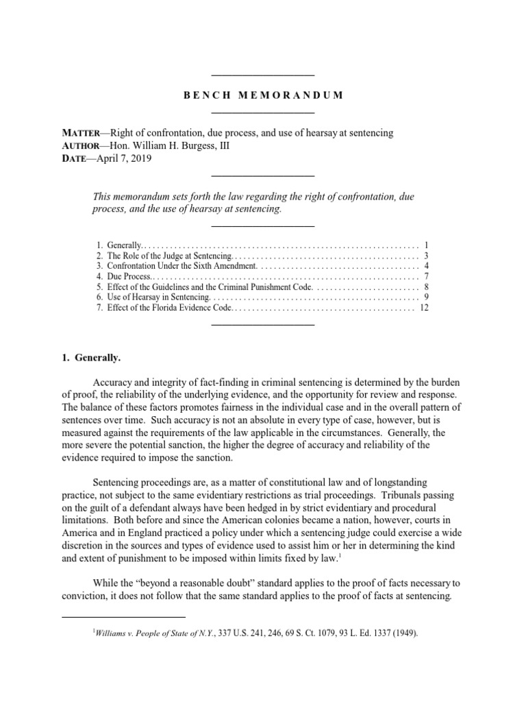 Judge Burgess Bench Memo Confrontation and Hearsay at Sentencing PDF