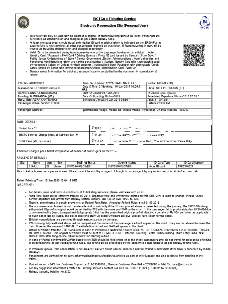 Irctc Ticket Format | PDF | Identity Document | Ticket (Admission)
