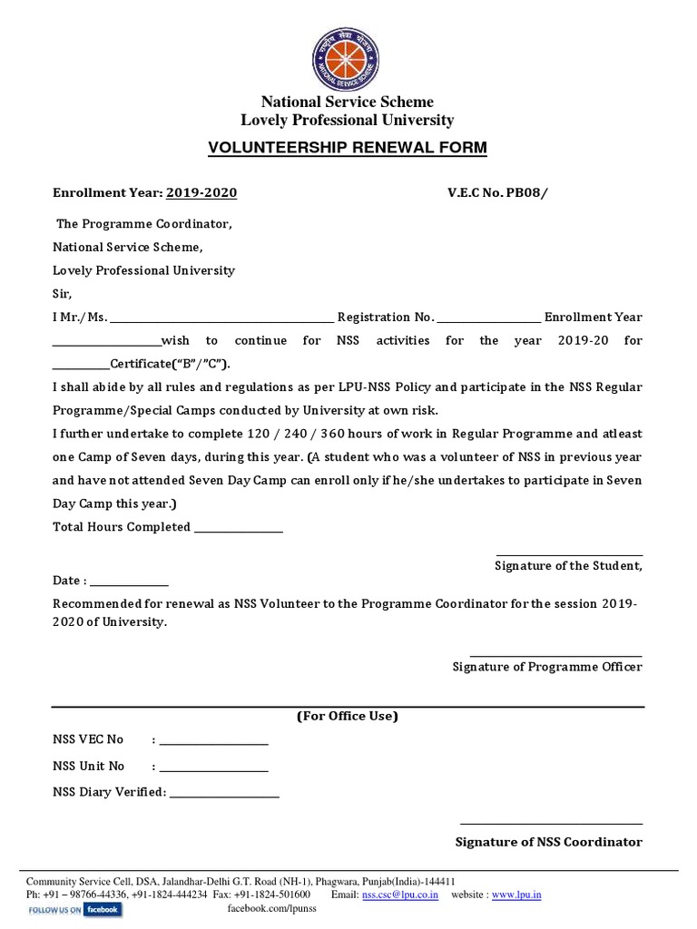 NSS Volunteership Renewal Form 2019-20 | PDF | Economy Of India | Youth ...