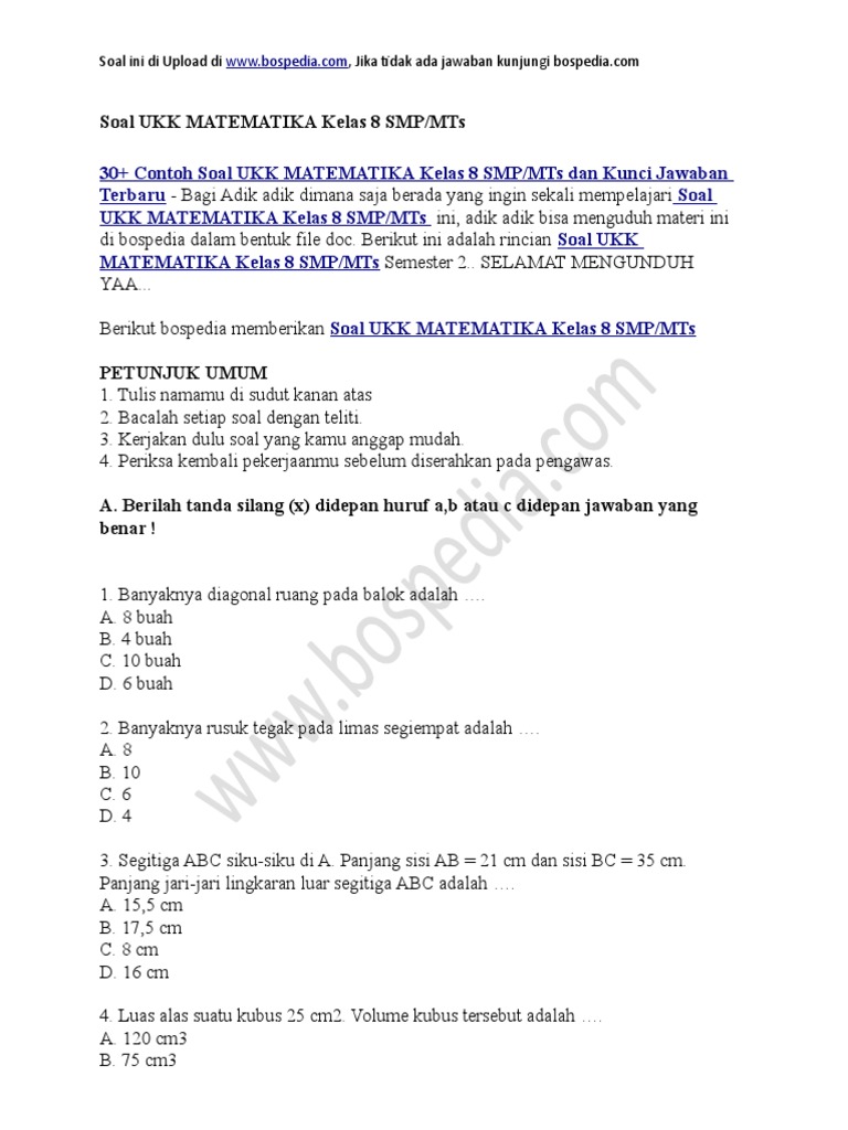 30 Contoh Soal Ukk Matematika Kelas 8 Smp Mts Dan Kunci