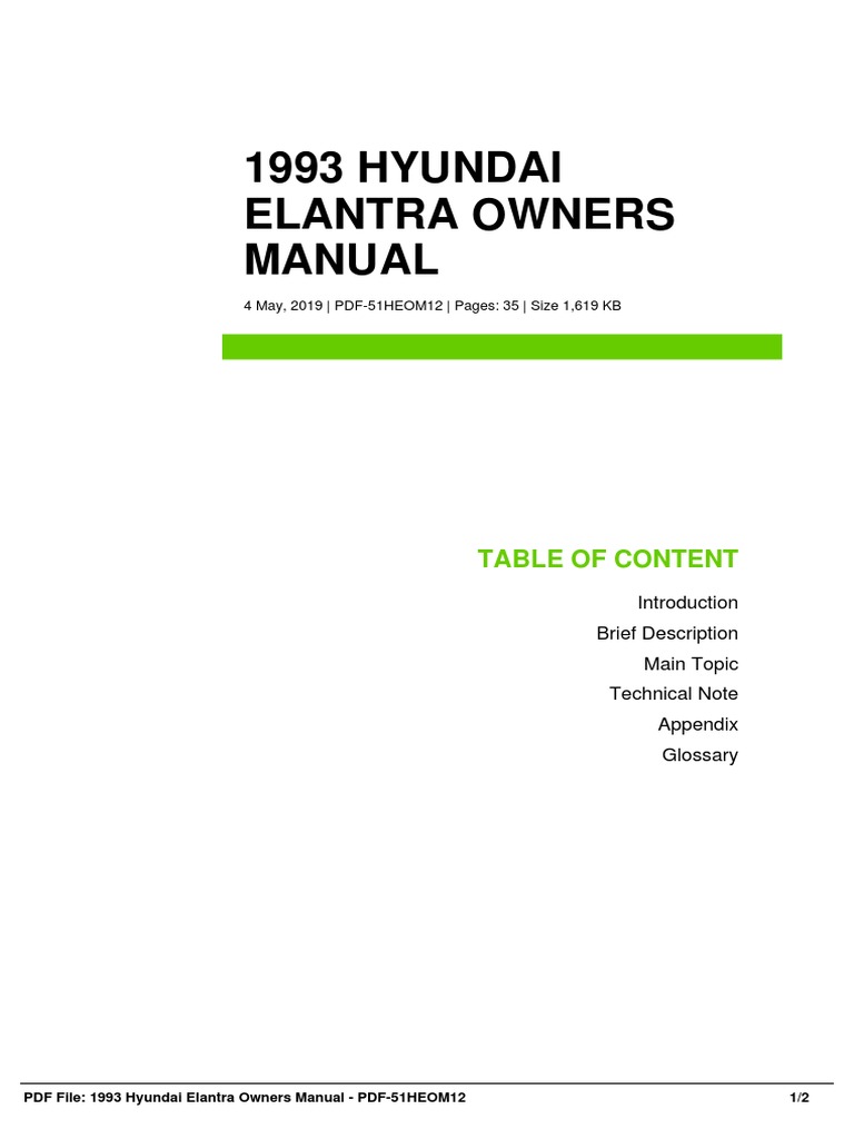 1993 HYUNDAI Elantra Owners Manual Table of Content PDF E Books